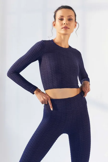 Tommylife Toptan İndigo Kendinden Desenli O Yaka Uzun Kol Kadın Crop Top T-Shirt - 97153