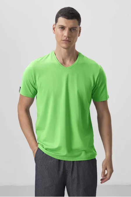 Tommylife Toptan V Yaka Standart Kalıp Basic Erkek T-Shirt 87912 Neon Yeşil