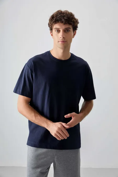 Tommylife Toptan O Yaka Oversize Basic Erkek T-Shirt 88353 Lacivert