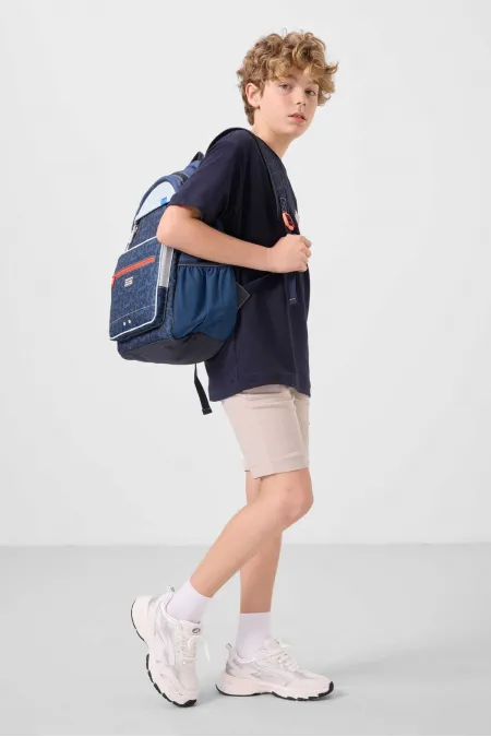 Ensemble short chino garçon Tommylife en coton stretch léger, coupe oversize, taille 11278, bleu marine-pierre