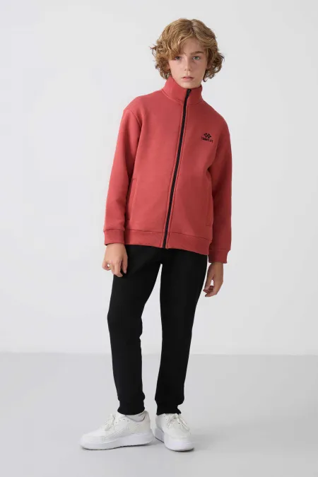 Ensemble de survêtement Tommylife pour garçon de 7 à 15 ans, col montant, coloris terracotta et noir, référence 11256.