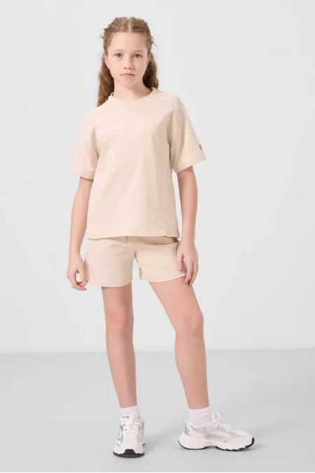 Tommylife Toptan Pamuklu Yumuşak Dokulu Standart Fit Basic Kız Çocuk Şort Takım 75184 Bej