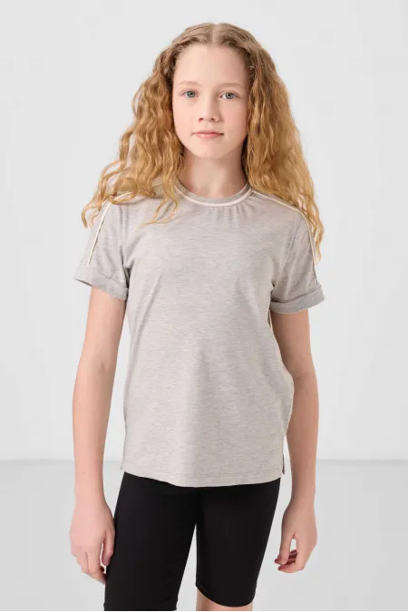Tommylife Wholesale Cotton Crew Neck Oversize Fit Printed Girls' T-Shirt 75177 Grey Melange