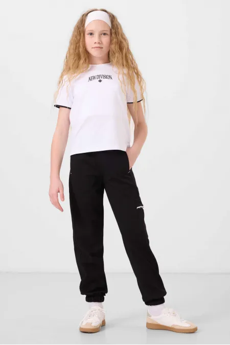 Tommylife Toptan O Yaka Baskılı Lastik Paça Kargo Cepli Kız Çocuk Eşofman Takım 75173 Beyaz Siyah