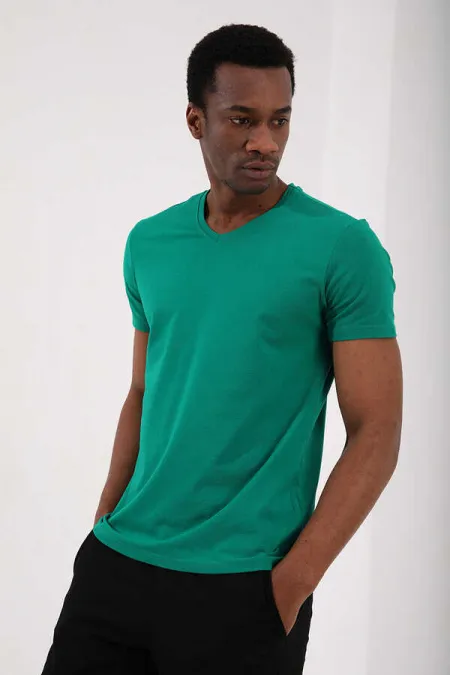 T-shirt basique Tommylife pour homme, col en V, coupe standard, vert foncé, référence 87912.