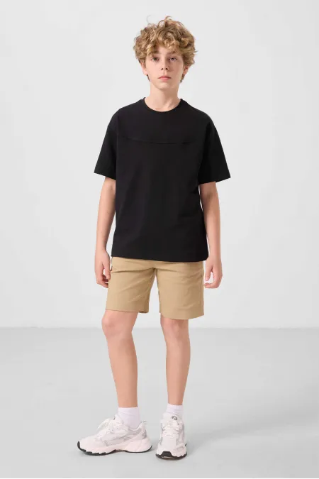 Ensemble short chino garçon Tommylife en coton tissé léger et extensible, coupe oversize, noir et beige foncé, référence 11279