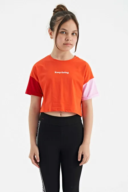 T-shirt Tommylife pour fille, imprimé orange, col rond, épaules tombantes, coupe oversize - 75130