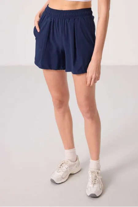 Tommylife Toptan Polyester Gizli Cep Fermuarlı Rahat Form Kadın Şort - 91014 İndigo