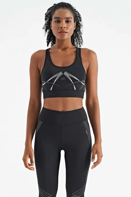 Soutien-gorge de sport Tommylife Wholesale pour femme, imprimé noir devant et dos, col en U, coupe ajustée - 97252