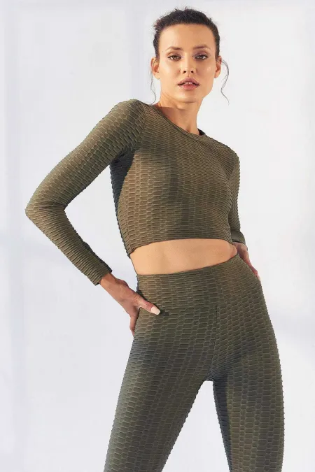 Tommylife Wholesale Light Green Self-Patterned Crew Neck Long Sleeve Women's Crop Top T-Shirt - 97153