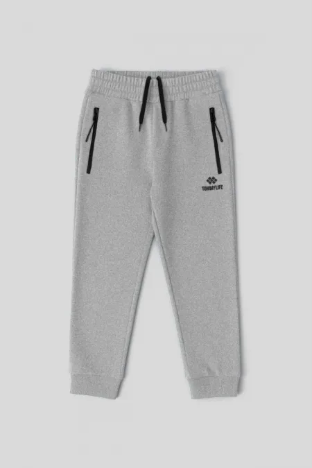 Pantalon de jogging basique gris chiné Tommylife pour garçon, avec poches zippées et taille à cordon - 10798