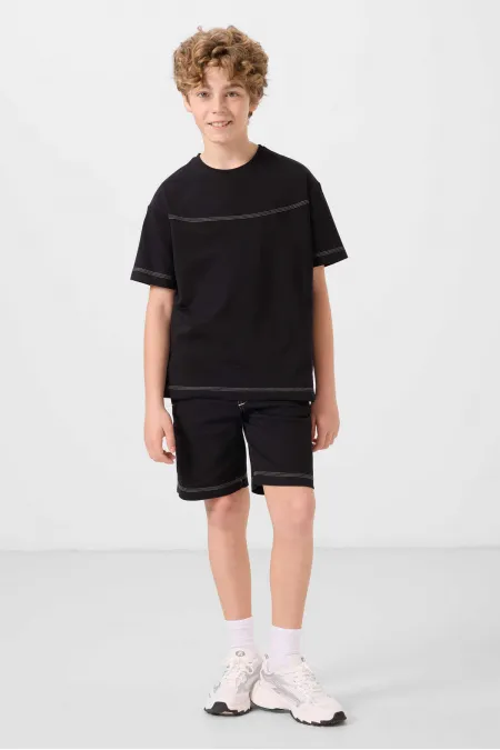 Ensemble short chino garçon Tommylife Wholesale en coton léger et extensible, coupe oversize, noir, réf. 11279