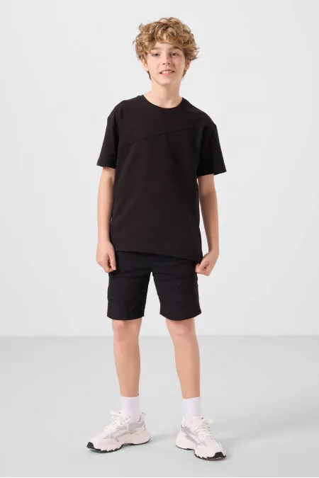Ensemble short chino garçon Tommylife Wholesale en coton léger et extensible, coupe oversize, noir, réf. 11275