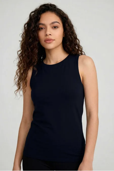 Tommylife Toptan Lacivert Slim Fit Basic O Yaka Sıfır Kol Kadın Atlet - 97313