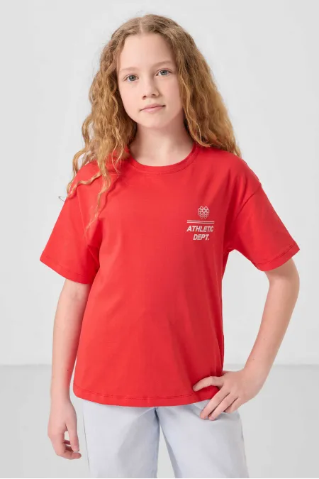 Tommylife Wholesale Cotton Crew Neck Oversize Fit Basic Girls' T-Shirt 75178 Fiesta