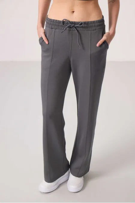 Tommylife Toptan Yumuşak Dokulu Cepli Ön Dikiş Detaylı Kadın Palazzo Pantolon - 94670 Koyu Gri