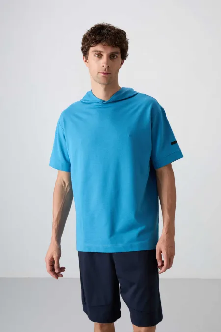 Tommylife Wholesale Hooded Oversize Basic Men's T-Shirt 88352 Petrol Blue