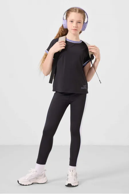 Ensemble de leggings Tommylife Wholesale pour filles, col rond, rayures latérales, coupe standard, noir, réf. 75191