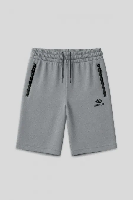 Short homme Tommylife en gros, gris chiné, grande taille, avec poche zippée et coupe standard - 81151