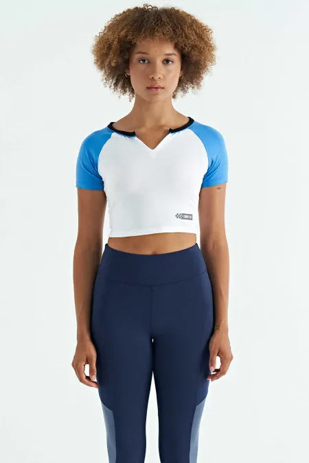 Tommylife Wholesale White Color Block Logo Print Crew Neck Slim Fit Women's Crop T-Shirt - 97270