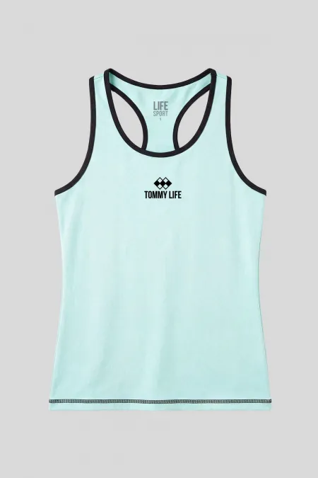 Débardeur de sport sans manches vert d'eau pour femme Tommylife, coupe standard, avec texte au dos - 97096