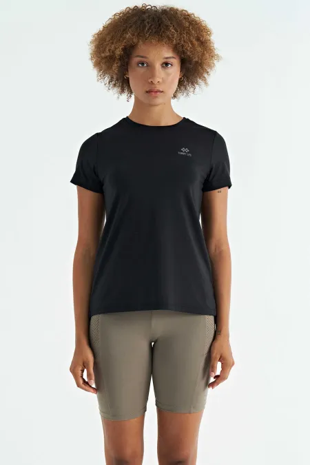 T-shirt femme Tommylife Wholesale noir à col rond, manches courtes et coupe standard, avec fente au dos - 97267