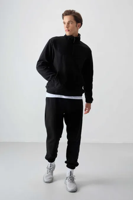 Tommylife Toptan Standart Kalıp Yarım Fermuar Polar Erkek Eşofman Takımı 85159 Siyah