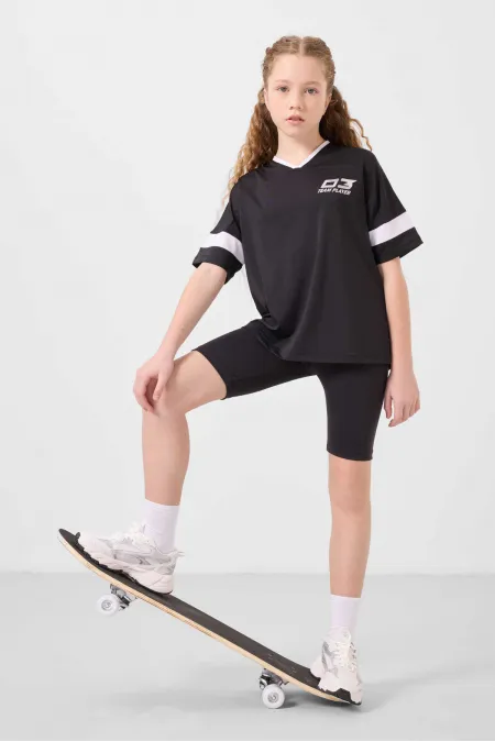 Ensemble de leggings Tommylife Wholesale pour filles, coupe standard, col en V et ceinture détaillée, noir, référence 75187