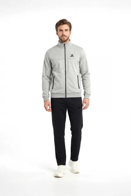 Tommylife Toptan Gri Melanj - Siyah Dik Yaka Klasik Paça Büyük Beden Erkek Eşofman Takım - 85176