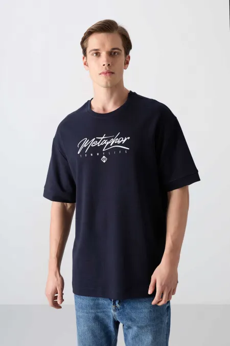 Tommylife Toptan O Yaka Oversize Baskılı Erkek T-Shirt 88320 Lacivert