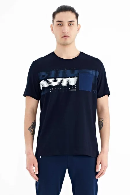 Tommylife Wholesale Navy Blue Men's T-Shirt with Front Pocket Detail and Print, Standard Fit - 88200