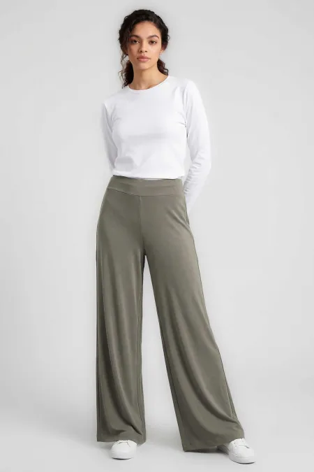 Tommylife Wholesale Dark Beige Comfort Fit Wide Leg Corset Palazzo Women's Trousers - 94681 Tommylife Wholesale Dark Beige Comfort Fit Wide Leg Corset Palazzo Women's Trousers - 94681