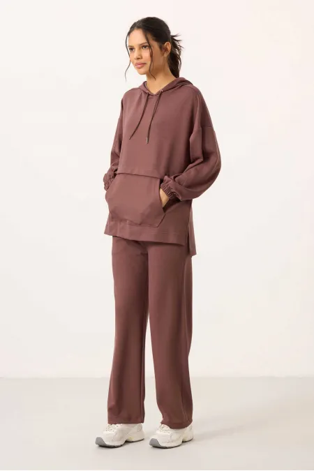 Ensemble tunique de survêtement à capuche oversize pour femme Tommylife, texture douce, vente en gros - 95348 Marron