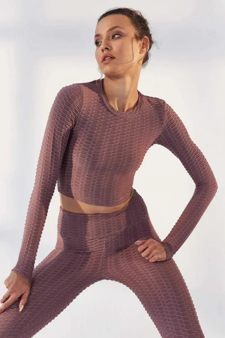 Tommylife Wholesale Rose Pink Self-Patterned Crew Neck Long Sleeve Women's Crop Top T-Shirt - 97153