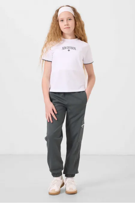 Tommylife Toptan O Yaka Baskılı Lastik Paça Kargo Cepli Kız Çocuk Eşofman Takım 75173 Beyaz Haki