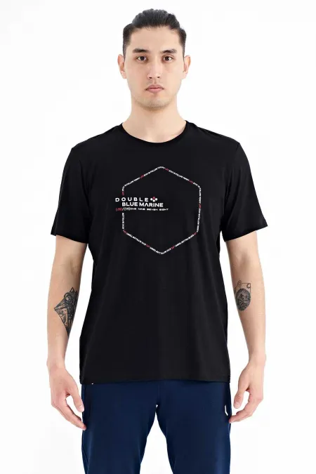Tommylife Wholesale Black Text Geometric Print Standard Fit Men's T-Shirt - 88198