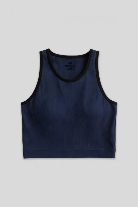 Tommylife Toptan İndigo Basic Sıfır Kol Dar Kalıp U Yaka Kadın Crop Top Atlet - 97162