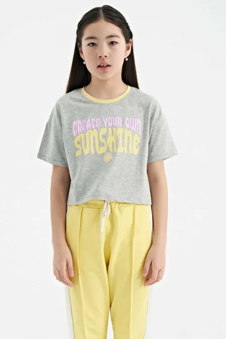 T-shirt Tommylife Wholesale Gris chiné imprimé Col rond Manches courtes oversize pour filles - 75111