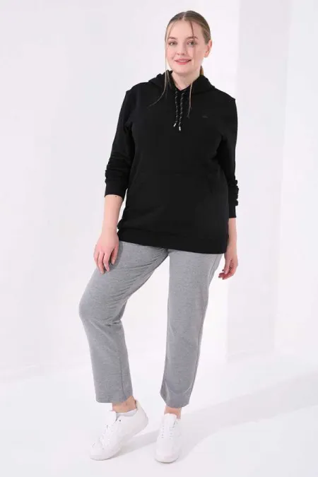 Tommylife Toptan Gri Melanj Klasik Paça Taş Detaylı Kadın Büyük Beden Eşofman Alt - 94040