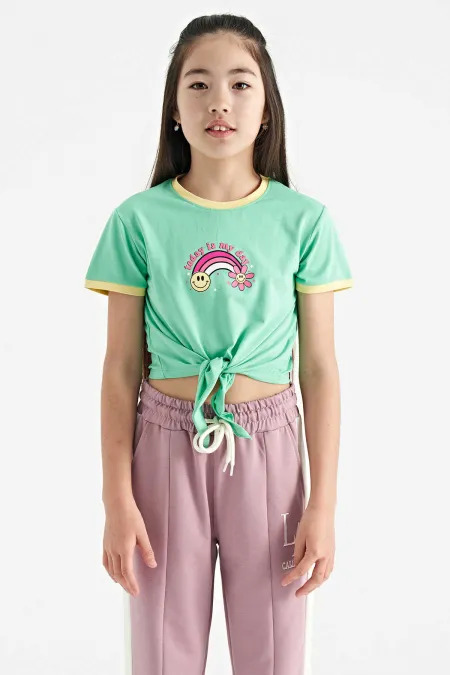 T-shirt Tommylife Wholesale vert aqua imprimé col rond multicolore avec détail cravate pour filles - 75113