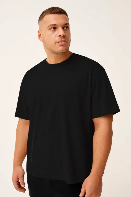 Tommylife Toptan Siyah Baskılı O Yaka Rahat Form Battal Büyük Beden Erkek T-Shirt - 88472