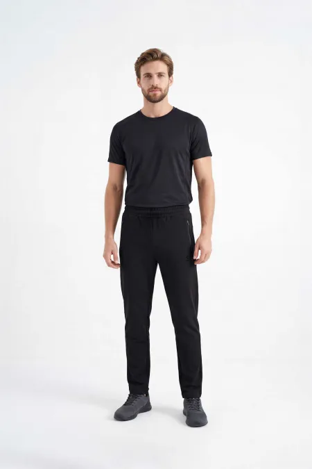 Tommylife Toptan Siyah Basic Fermuar Cepli Klasik Paça Büyük Beden Erkek Eşofman Alt - 84508