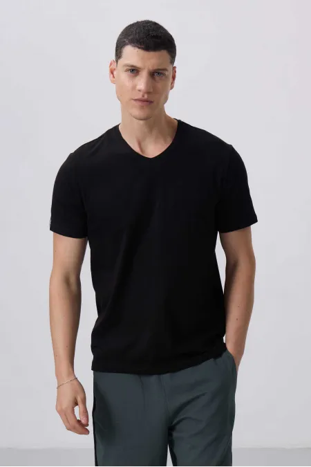 T-shirt basique Tommylife pour homme, col V, coupe standard, noir, référence 87912.
