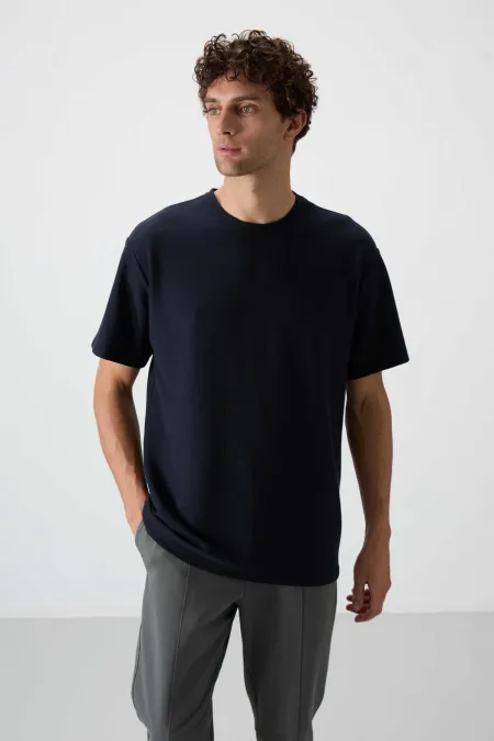 Tommylife Toptan O Yaka Oversize Basic Erkek T-Shirt 88379 Lacivert