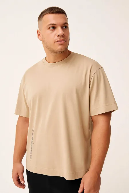 Tommylife Toptan Bej Baskılı O Yaka Rahat Form Battal Büyük Beden Erkek T-Shirt - 88472