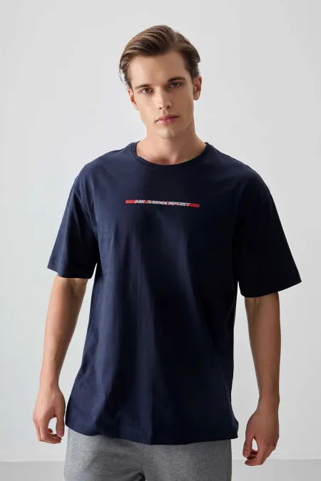 Tommylife Wholesale Crew Neck Oversize Printed Men's T-Shirt 88358 Navy Blue