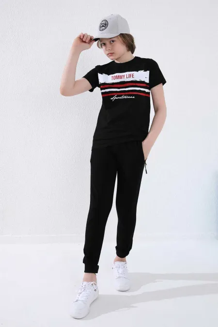 Pantalon de jogging noir pour garçon Tommylife, avec poche zippée, coupe standard et ourlets resserrés - 64042