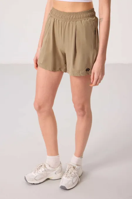 Tommylife Toptan Polyester Gizli Cep Fermuarlı Rahat Form Kadın Şort - 91014 Bej
