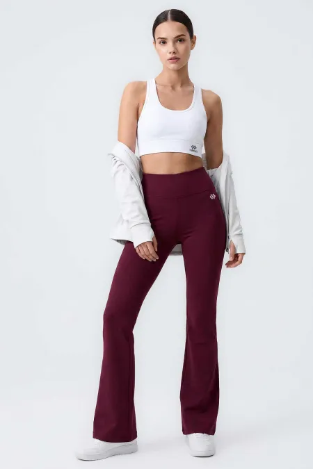 Tommylife Toptan Bordo Esnek Yüksek Bel Spor Performans Kadın İspanyol Paça Tayt - 94686