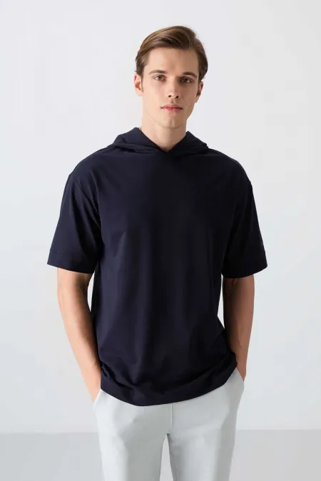 Tommylife Wholesale Hooded Oversize Basic Men's T-Shirt 88352 Navy Blue